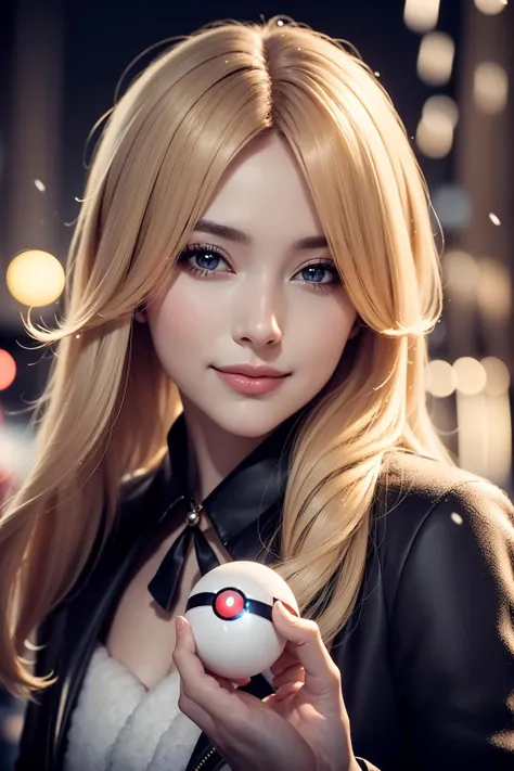 (RAW 8k photo) of cynthia_pok_ecsta, cynthia (pokemon), blonde hair, hair over one eye, grey eyes, hair ornament, black jacket dress, <lora:Cynthia_Pokemon_Ecsta:0.8>, (RAW photo, best quality), (realistic, photo-realistic:1.4), masterpiece, an extremely delicate and beautiful, extremely detailed, 2k wallpaper, Amazing, finely detail, extremely detailed CG unity 8k wallpaper, ultra-detailed, highres, soft light, mascara, makeup, beautiful detailed woman, (holding a pokeball), smiling, perfect anatomy, long hair, extremely detailed eyes and face, beautiful detailed nose, beautiful detailed eyes, cinematic lighting, photoshoot, outside, christmas backdrop, winter town scenery, christmas decorations, snow, nighttime