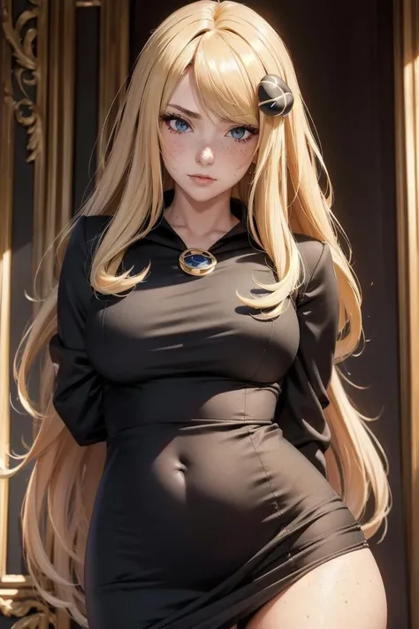 (masterpiece, best quality, hires, high resolution:1.2, 4k, 8k , high quality), extremely detailed, realistic, intricate details, highres, 1girl, solo, red long hair, blue eyes, blush, freckles, (large breasts, thick thighs, wide hips), arched back,(cinematic lighting, sunlight, perfect lighting, backlighting), eye-level shot, extreme close-up-shot, naughty look, looking at viewer, <lora:Cynthia_Pokemon_Ecsta:0.5> cynthia_pok_ecsta, cynthia (pokemon), blonde hair, hair over one eye, grey eyes, hair ornament, black jacket dress