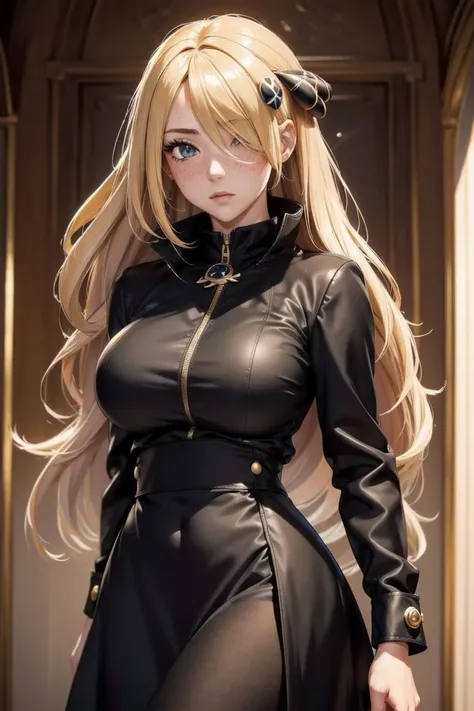 (masterpiece, best quality, hires, high resolution:1.2, 4k, 8k , high quality), extremely detailed, realistic, intricate details, highres, 1girl, solo, red long hair, blue eyes, blush, freckles, (large breasts, thick thighs, wide hips), arched back,(cinematic lighting, sunlight, perfect lighting, backlighting), eye-level shot, extreme close-up-shot, naughty look, looking at viewer, <lora:Cynthia_Pokemon_Ecsta:0.5> cynthia_pok_ecsta, cynthia (pokemon), blonde hair, hair over one eye, grey eyes, hair ornament, black jacket dress