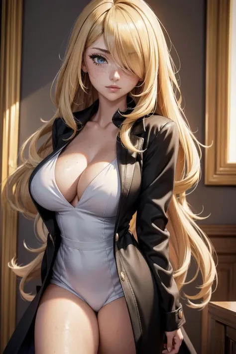 (masterpiece, best quality, hires, high resolution:1.2, 4k, 8k , high quality), extremely detailed, realistic, intricate details, highres, 1girl, solo, red long hair, blue eyes, blush, freckles, (large breasts, thick thighs, wide hips), arched back,(cinematic lighting, sunlight, perfect lighting, backlighting), eye-level shot, extreme close-up-shot, naughty look, looking at viewer,         <lora:Cynthia_Pokemon_Ecsta:0.5> cynthia_pok_ecsta, cynthia (pokemon), blonde hair, hair over one eye, grey eyes, hair ornament, black jacket dress