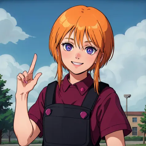 masterpiece,high quality,outdoors,
<lora:elpeople011:0.5>,smile,
elpeople,1loli,
short hair,orange hair,bangs,short hair with long locks,sidelocks,hair between eyes,blue eyes,
overalls,black vest,pink triangle button,dark red shirt,short sleeves,
hand up,