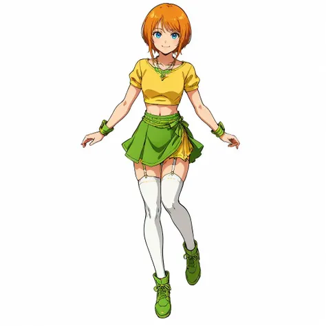 masterpiece,high quality,(white background:1.5),
<lora:elpeople003:0.5>,solo,smile,looking at viewer,
elpeo_ple,1loli,short hair,orange hair,bangs,sidelocks,blue eyes,
necklace,pendant,
collarbone,green crop top,yellow shirt,short sleeves,alternate costume,thighhighs,midriff,navel,wristband,
green skirt,miniskirt,zettai ryouiki,garter straps,yellow thighhighs,green footwear,shoes,