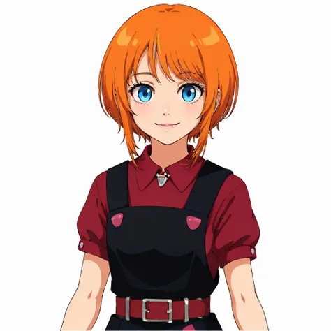 masterpiece,high quality,(white background:1.5),
<lora:elpeople003:0.5>,solo,smile,looking at viewer,
elpeo_ple,1****,short hair,orange hair,bangs,sidelocks,blue eyes,
necklace,pendant,
overalls,black vest,pink triangle button,dark red shirt,short sleeves,belt,