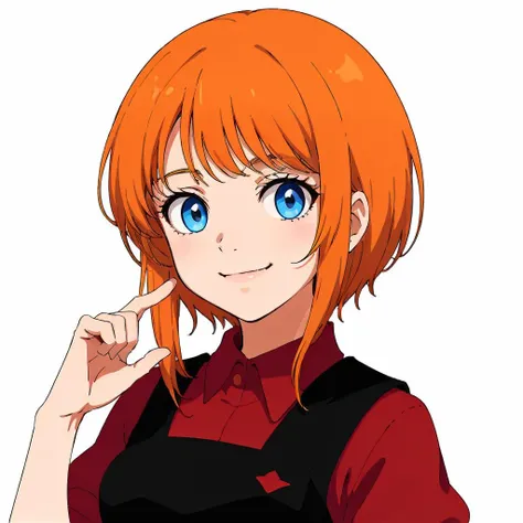 masterpiece,high quality,(white background:1.5),
<lora:elpeople003:0.5>,solo,smile,looking at viewer,
elpeo_ple,1****,short hair,orange hair,bangs,sidelocks,blue eyes,
black vest,dark red shirt,
close up,hand up,v,