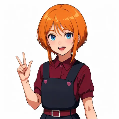 masterpiece,high quality,white background,solo,
<lora:elpeople008:0.5>,smile,open mouth,
elpeople,1loli,
short hair,orange hair,bangs,short hair with long locks,sidelocks,hair between eyes,blue eyes,
overalls,black vest,pink triangle button,dark red shirt,short sleeves,belt,