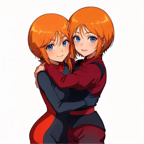 <lora:elpeople008:0.8>,
masterpiece,high quality,white background,2girls,
ADDBASE,2girls,
1loli,plespacepilotsuit,
short hair,orange hair,bangs,short hair with long locks,sidelocks,hair between eyes,blue eyes,
black spacepilotsuit,
hug,looking at viewer,smile,
ADDCOL,2girls,
elpeople,1loli,
elpeople,short hair,orange hair,bangs,short hair with long locks,sidelocks,hair between eyes,blue eyes,
overalls,black vest,pink triangle button,dark red shirt,short sleeves,
belt,dark red short pants,glove,
hug,looking at viewer,smile,