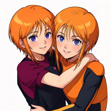 <lora:elpeople011:0.6>,
masterpiece,high quality,2 people,white background,
elpeople,1loli,
short hair,orange hair,bangs,short hair with long locks,sidelocks,hair between eyes,blue eyes,
overalls,black vest,pink triangle button,dark red shirt,short sleeves,
smile,hug,looking at viewer,
ADDCOL,
masterpiece,high quality,2 people,white background,
plespacepilotsuit,1loli,
short hair,orange hair,bangs,short hair with long locks,sidelocks,hair between eyes,blue eyes,
black space pilotsuit,
smile,hug,looking at viewer,