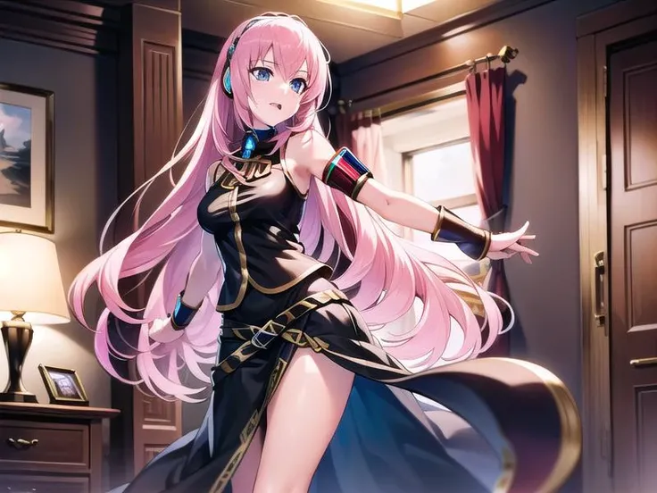 (hyper extreme detailed),(masterpeace),(hyper extreme),(photorealistic),CG,(colour:1.2), beautiful lighting,light from the front,official art, solo,1girl,standing,indoor,hotel room, <lora:megurine_luka:1>,megurine luka, pink hair, blue eyes, long hair, storate hair,black dress, sleeveless, detached sleeves,