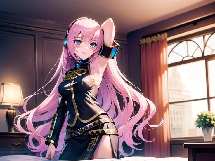 1 girla(cool, Luka Megurine, pink hair, long hair, straight hair, black headphone, sleeveless black short suit, side slit black skirt, black long socks, barefoot, smile), sit cross-legged on chair,