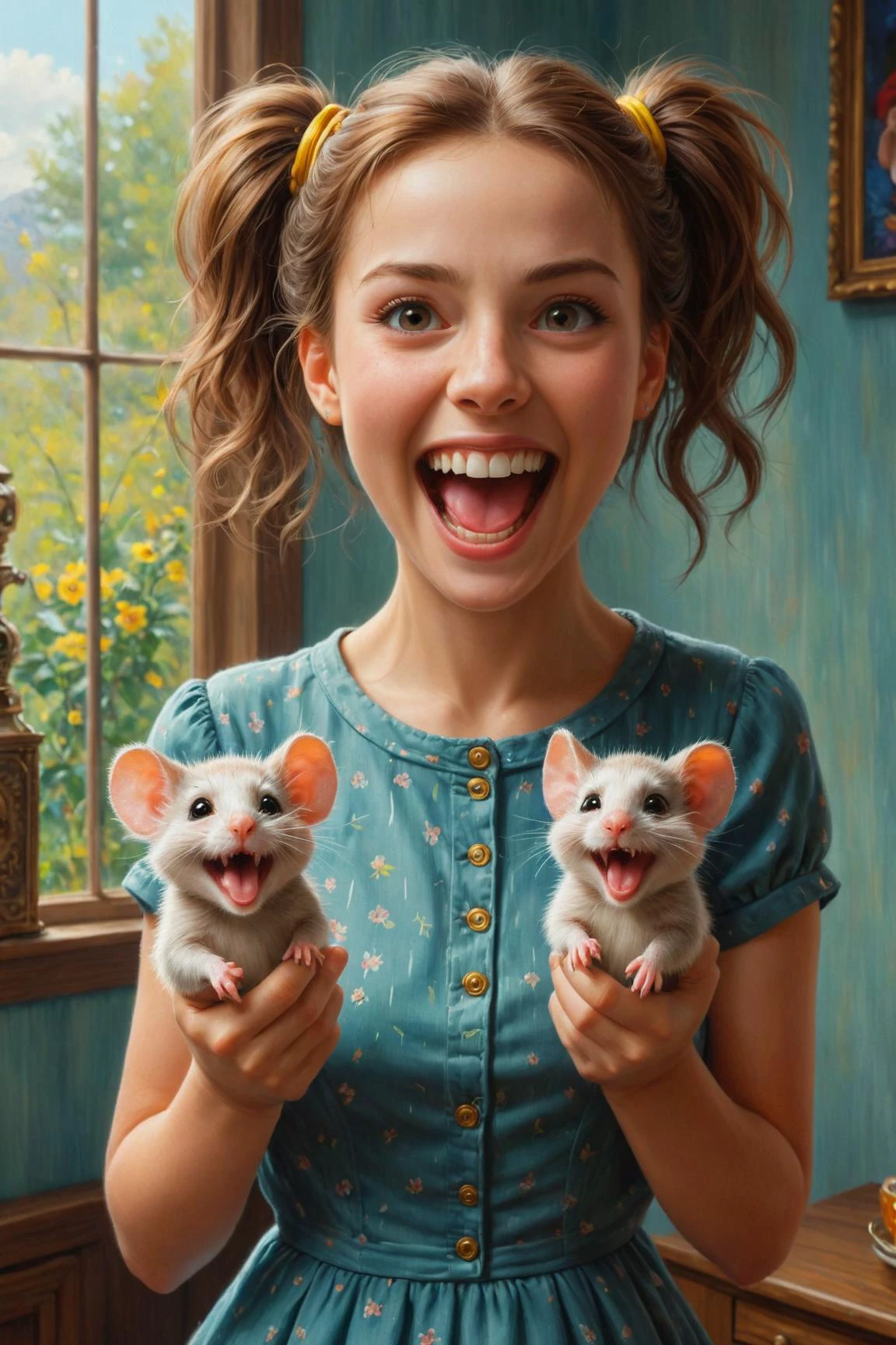 by (((Lori Earley) and Kelly Sue Deconnick ) and Makoto Shinkai ) and Evgeny Lushpin, digital oil pastel on canvas<lora:oil_pastel:1.00> of a kodak motion picture film <lora:kodak:1.00> of a cute happy woman holding up two cute mice while laughing maniacally laughter, dual wielding mice <lora:happy:0.25><lora:maniacal_laughter:1.75> <lora:dual_pistols:0.35> <lora:more_art:0.40><lora:faetastic:0.25><lora:midjourney:0.15> <lora:clothing_slider:3> <lora:perfect_hands:1>