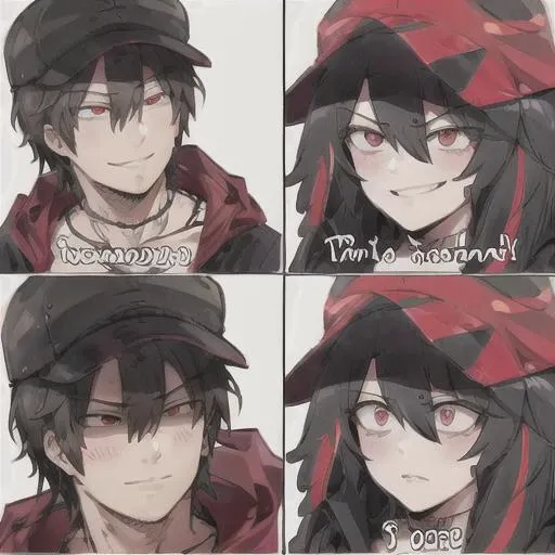 <lora:forthebetterright:0.7> forthebetterright, 1girl, long hair, blush, smile, bangs, simple background, black hair, red eyes, 1boy, hat, white background, hair between eyes, jacket, red hair, multicolored hair, hood, grin, english text, streaked hair, hoodie, personification, meme, smirk