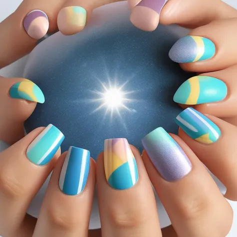 Nail art, sun swirl, elegant modern finger nail design (perfect hands, perfect fingers)