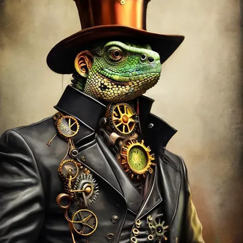 painting of animal; Iguana wearing steampunk leather jacket, top hat with gears, dashing, Victorian clothing, stopwatch, intricate, smooth, sharp focus, illustration, masterpiece, intricate, highly detailed, octane, digital painting, artstation, concept art, smooth, sharp focus, illustration, vibrant colors, in the style of steampunk
