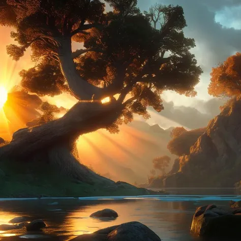 sunrise, god's rays highly detailed, vivid color, cinematic lighting, perfect composition, 8 k, gustave dore, derek zabrocki, greg rutkowski, belsinski, octane render