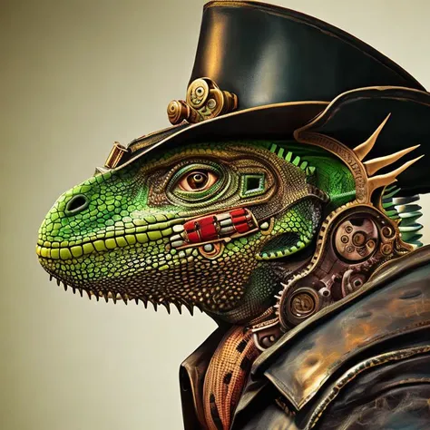 painting of animal; Iguana wearing steampunk leather jacket, top hat with gears, dashing, victorian clothing, stopwatch, intricate, smooth, sharp focus, illustration, masterpiece, intricate, highly detailed, octane, digital painting, artstation, concept art, smooth, sharp focus, illustration, vibrant colors, in the style of steampunk