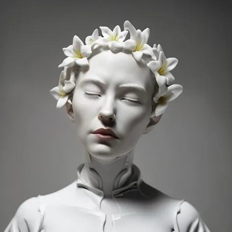 Full head and shoulders, beautiful female porcelain sculpture by daniel arsham and james jean, smooth, all white features on a white background, delicate facial features, white eyes, white lashes, detailed tangled white lilies and Lillie leaves on the head, volumetric lighting