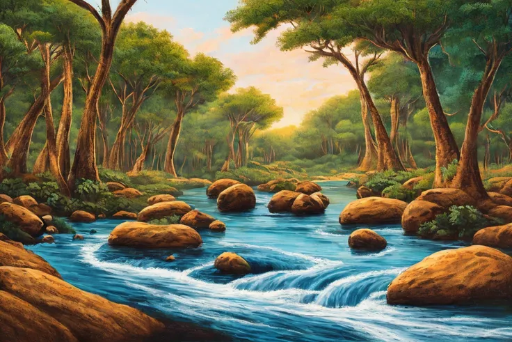 vivid Chalk painting of a Savanna Tropical Forest landscape that has a flowing river, with Contrast of Earth Tones and Non-Earth Tones, 16:9 aspect ratio