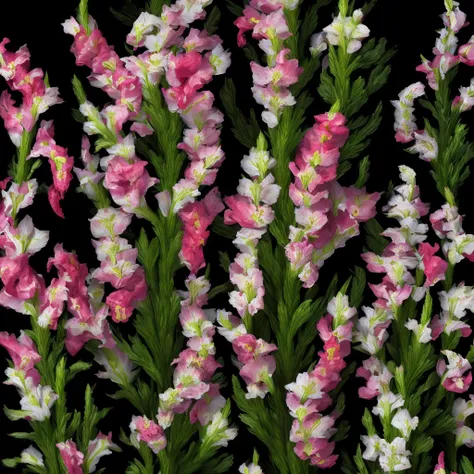 detailed Snapdragon flowers against a black backdrop by Lise Cloquet and Arthur Harry Church, artstation