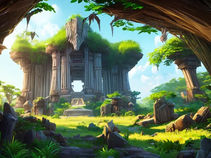 abandoned jungle temple landscape, anime art, tall grass ambience, 8 k resolution, high detailed, trending on artstation, league of legends splash art, ambient occlusion, cinematic lighting, high quality shadows