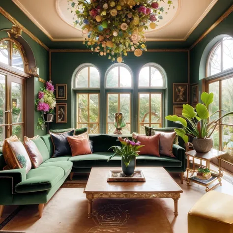 Architectural Digest photo of a maximalist green solarpunk living room with lots of flowers and plants, golden light, hyperrealistic surrealism, award winning masterpiece with incredible details, epic stunning