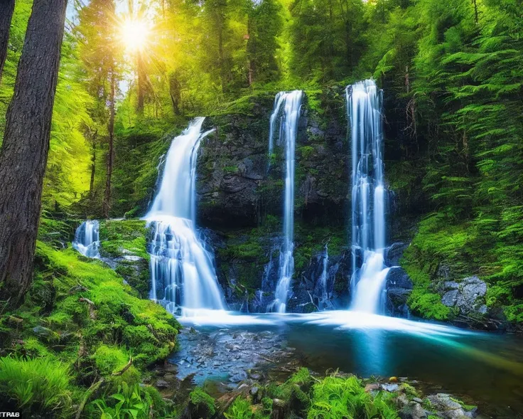sprawling forested landscape, river cutting through the lands, small waterfall, fish jumping bear looking off into the distance, dynamic scene, vivid colors