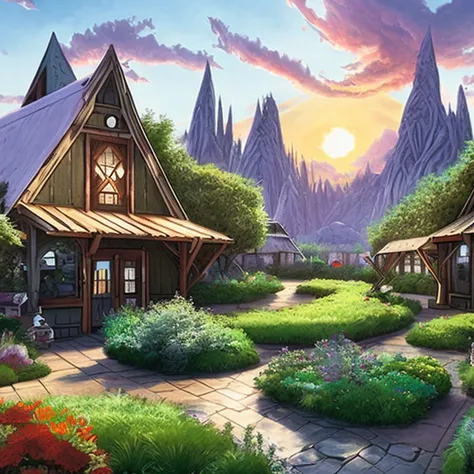 A dungeons and dragons garden center, sunrise
