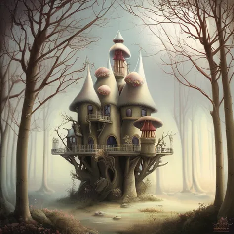 highly detailed fairytale mushroom house by daniel merriam!, daniel merriam art!, light background, muted colors, hyper realistic tall mushroom house in a magical forest with floral bouquets, sparkles, roses, peonies, cinematic, stunning, art by jessica rossier and brian froud, (1950s fairy tale cottage tree house castle., muted colors.) by Jean-Baptiste Monge!, a multistory ramshackle fairytale house