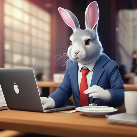 a rabbit with glasses in 3 piece suit, sitting in a cafe. looking at a macbook. hyper realistic, ultra realistic, 8k