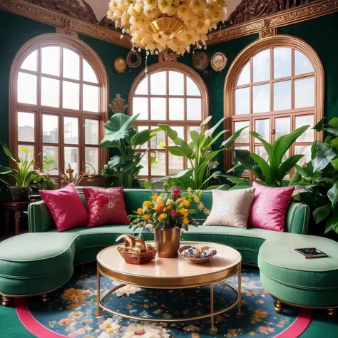 Architectural Digest photo of a maximalist green solarpunk living room with lots of flowers and plants, golden light, hyperrealistic surrealism, award winning masterpiece with incredible details, epic stunning