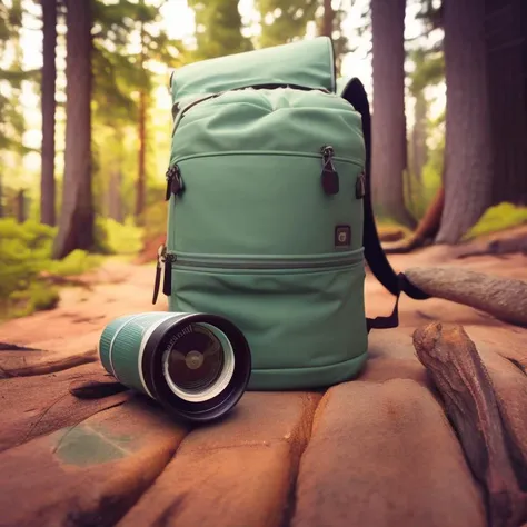 Lifestyle hiking camping equipment retro photo camera backpack and thermos outdoor forest nature on background