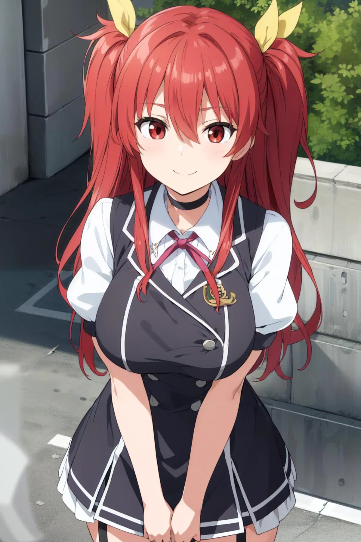 (masterpiece:1.2), (best_quality:1.2), ultra high res, ultra-detailed, 8K, HDR, highres, anime, highly detailed, (best shadow), (absurdres),
BREAK <lora:stellavermillion-lora-nochekaiser:0.9>, stella vermillion, (large breast:1.3), (perfect proportion:1.2), (narrow waist),
BREAK hair between eyes, hair intakes, hair ribbon, long hair, (red eyes:1.5), red hair, two side up, yellow ribbon,
BREAK black choker, choker, emblem, garter straps, neck ribbon, plaid, puffy short sleeves, puffy sleeves, purple ribbon, red hair, ribbon,
BREAK school uniform, shirt, short sleeves, skirt, thighhighs, white shirt, white skirt,
BREAK standing, outdoors, school courtyard, smile, from below, <lora:more_details:0.2>,