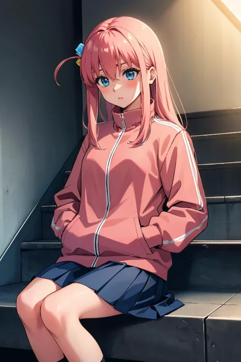 <lora:bocchi_gotoh-17:1> gotohdef, one side up, cube hair ornament, pink jacket, track jacket, long sleeves, skirt
masterpiece, best quality, absurdres, sitting under stairwell, hands in pockets