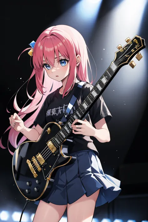 <lora:bocchi_gotoh-17:1> gotohstar, one side up, cube hair ornament, black shirt, short sleeves, skirt
masterpiece, best quality, absurdres, standing, stage  <lyco:anime_guitarv1:0.8> electric guitar