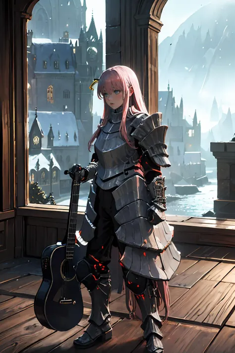 <lora:bocchi_gotoh:1> gotohdef, 1girl, one side up, cube hair ornament, <lora:Havel_the_Rock:0.8> Havel_the_Rock, knight, playing guitar, best quality, masterpiece,