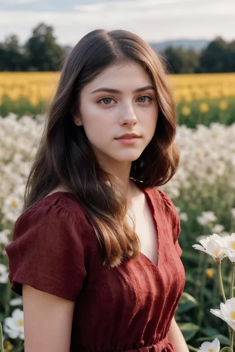 photo of (S272_SofiaEspanha:0.99), (beautiful face), (((walking in a flower_field))), modelshoot style, (extremely detailed CG unity 8k wallpaper), photo of the most beautiful artwork in the world, professional majestic (photography by Steve McCurry), 8k uhd, dslr, soft lighting, high quality, (film_grain:1.2), (bokeh, blurry foreground, blurry background), Fujifilm XT3 sharp focus, f 5.6, High Detail, Sharp focus, dramatic, (((wearing red_linen_dress))), (looking at viewer:1.2), (detailed pupils:1.3), (natural light), (((medium-long shot:1.3))), epiCPhoto