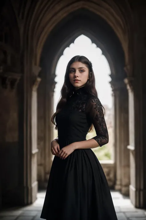 photo of (S272_SofiaEspanha:0.99), (beautiful face), (walking in a dark_castle), modelshoot style, (extremely detailed CG unity 8k wallpaper), photo of the most beautiful artwork in the world, professional majestic (photography by Steve McCurry), 8k uhd, dslr, soft lighting, high quality, film grain, Fujifilm XT3 sharp focus, f 5.6, High Detail, Sharp focus, dramatic, (((wearing a formal black high_neck_gothic_dress))), (looking at viewer:1.2), (detailed pupils:1.3), (natural light), (((medium-long shot:1.2))), epiCPhoto