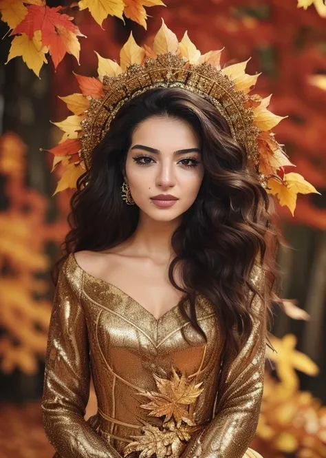 Masterpiece, beautiful melisa_asli_pamuk, drill hair, wearing gold laced dress, autumn, leaves, trees, best quality, samdoesarts, portrait, intricate detail, relaxing, brown eyes, headdress, detailed eyes, big pupils, brown eyes<lora:melisa_asli_pamuk-000006:0.8>,