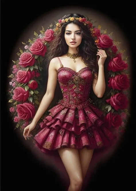 melisa_asli_pamuk, with flowers in her hair and a wreath of pink roses on her head, standing in front of a dark background, painted by artgerm and tom bagshaw, fantasy art, dramatic lighting, highly detailed oil painting
<lora:melisa_asli_pamuk-000006:0.8>,