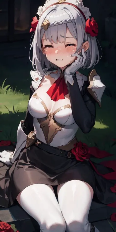 <lora:noelle1ep10_0.85dim32:1>, {{{masterpiece}}}, {{{best quality}}},{{{high resolution}}}, noelledef , 1girl,green_eyes,silver hair, short_hair, medium_breasts, rose, red_flower,hair_flower, sitting, hands on own face, 1girl, crying, tears, blushing, sad, closed eyes, clenched teeth,<lora:grapefruitHentaiModel_grapefruitv4:1>