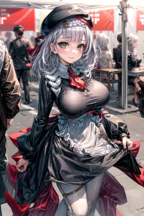 SFW
(day:1.7), outdoors, street, summer festival, fantasy,
dynamic pose,dynamic angle,noellekfc
(green eyes:1.1), beret, long sleeves,
white hair,long hair,smile
1 girl, 20yo,mature female,Beautiful Finger,Beautiful long legs,Beautiful body,Beautiful Nose, perfect eyes, perfect face,(beautiful detailed aqua eyes),((mature female:1.1)),((milf:1.1)),make up,parted lips,(shiny skin:1.1),(perfect female body:1.2),(gorgeous detailed skin),(detailed hair),
looking at viewer,
ray_tracing,intricate details,depth of field, extremely delicate and beautiful,
(Beautiful,large_Breasts:1.4), (beautiful_face:1.5),(narrow_waist),