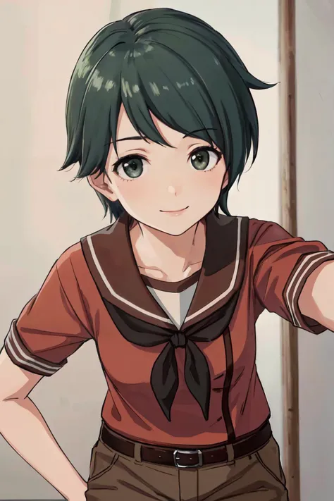 <lora:MogamiKancolleV4:1>mogami \\(kancolle\\),black neckerchief,brown shorts,
(best quality, masterpiece, RAW photo,ultra-detailed:1.2), <lyco:GoodHands-beta2:1.0>,1girl,solo,looking at viewer,smile
