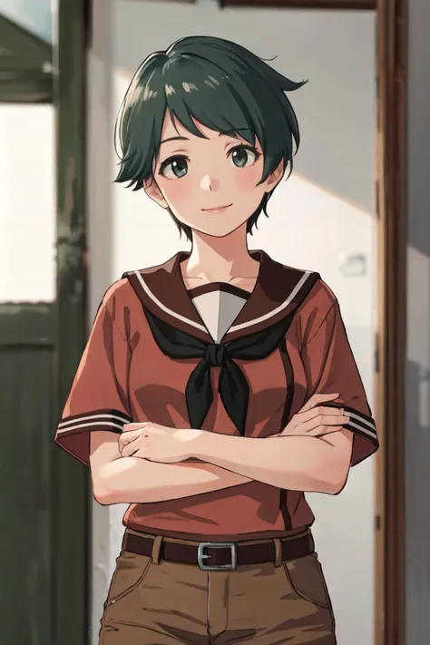 <lora:MogamiKancolleV4:1>mogami \\(kancolle\\),black neckerchief,brown shorts,
(best quality, masterpiece, RAW photo,ultra-detailed:1.2), <lyco:GoodHands-beta2:1.0>,1girl,solo,looking at viewer,smile