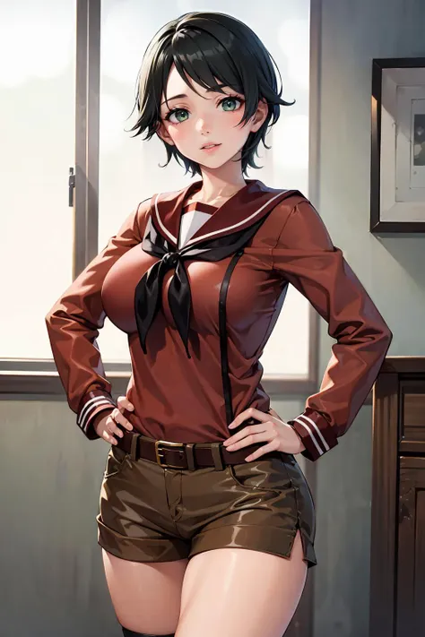 1girl,solo, mogami \(kancolle\), black hair, short hair, green eyes, swept bangs, huge breasts, narrow waist, wide hips, thick thighs, school uniform, serafuku, brown shirt, black neckerchief, belt, brown shorts, kneehighs, black socks, black footwear, boots,
BREAK contrapposto, (cowboy shot:1.2), hands on hips, seductive smile, parted lips, makeup, lipstick, beautiful detailed face, beautiful detailed eyes, best quality,masterpiece,highres,official art,extremely detailed cg unity 8k wallpaper, dim lighting, <lora:MogamiKancolle_V10:1>