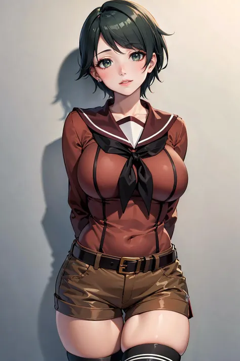 1girl,solo, mogami \(kancolle\), black hair, short hair, green eyes, swept bangs, huge breasts, narrow waist, wide hips, thick thighs, school uniform, serafuku, brown shirt, black neckerchief, belt, brown shorts, kneehighs, black socks, black footwear, boots, 
BREAK bent over, (cowboy shot:1.2), arms behind back, seductive smile, parted lips, makeup, lipstick, beautiful detailed face, beautiful detailed eyes, best quality,masterpiece,highres,official art,extremely detailed cg unity 8k wallpaper, dim lighting, <lora:MogamiKancolleV4:1>