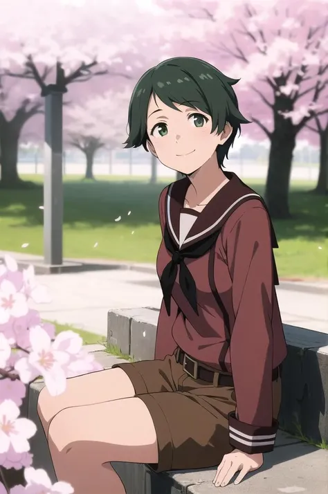 masterpiece, best quality, highres,
1girl, solo,
<lora:MogamiKancolle_V10:1>mogami \(kancolle\),
school uniform, serafuku, brown shirt, black neckerchief, belt, brown shorts,
smile, looking at viewer, upper_body, cherry blossoms, depth of field, bokeh, sitting by knee,