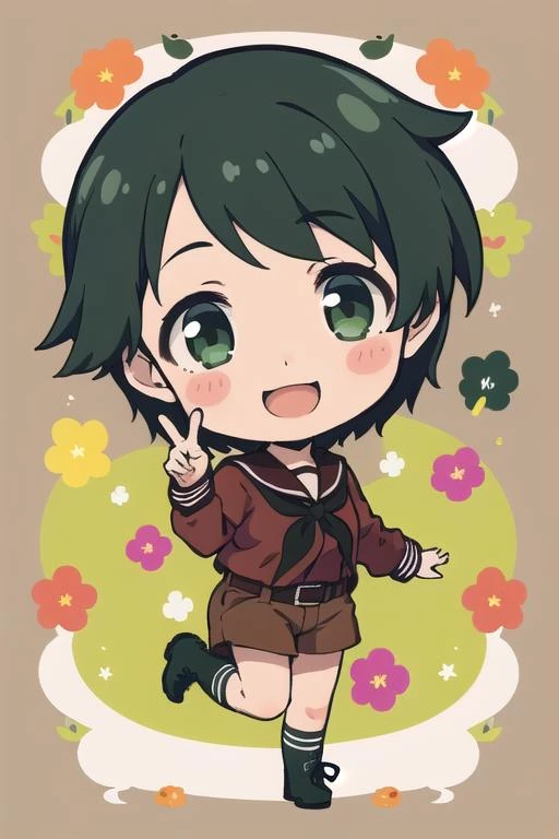 masterpiece, best quality, highres,
1girl, solo,
<lora:MogamiKancolle_V10:1>mogami \(kancolle\), 
school uniform, serafuku, brown shirt, black neckerchief, belt, brown shorts, kneehighs, black socks, black footwear, boots,
fruit floral background,, <lora:Qtea_add_sugar-fp16:1>chibi,
smile, v-sign,