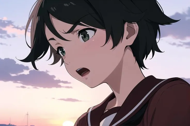 masterpiece, best quality, highres,
1girl, solo,
<lora:MogamiKancolle_V10:1>mogami \(kancolle\),
school uniform, serafuku, brown shirt, black neckerchief,
sunset, serious, close-up, sky, looking away, open mouth,