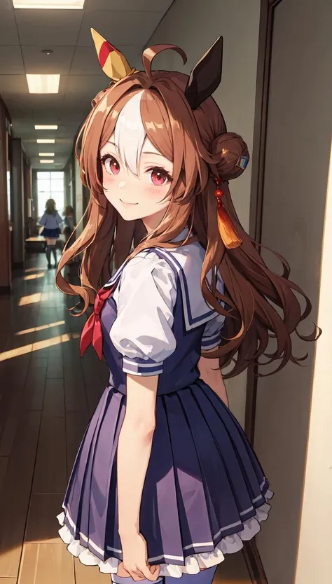 (masterpiece, best quality, perfect face:1.4) looking at viewer , walk along a corridor , full body,
smile, blush, 
copano rickey \(umamusume\),   
white thighhighs, tracen school uniform, purple shirt, pleated skirt, puffy short sleeves, white skirt, puffy sleeves, summer uniform, frilled skirt, sailor collar, sailor shirt, miniskirt, frills
indoors, school, high school, corridor, 
film Reflection, 
 <lora:copano_rickey_locon_c16_cycle2:0.9><lora:flat2:-0.1>