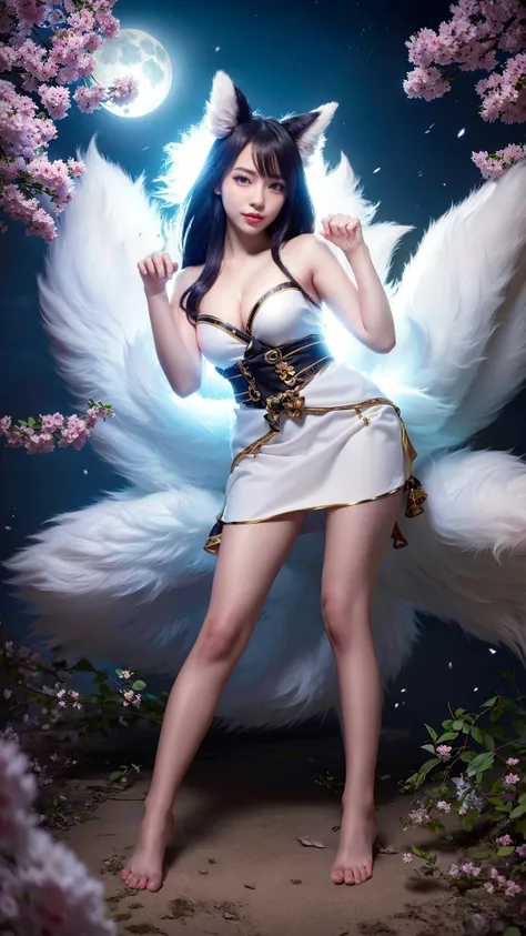 cute angel with feathered wings looking to the night sky, ((gorgeous face)),  sitting on the outer egde marble gazebo at night garden and surrounded by white litle birds flying around her, all illuminated by the moon, intricate detailed, professional lighting, high definition, 8k, studio light
