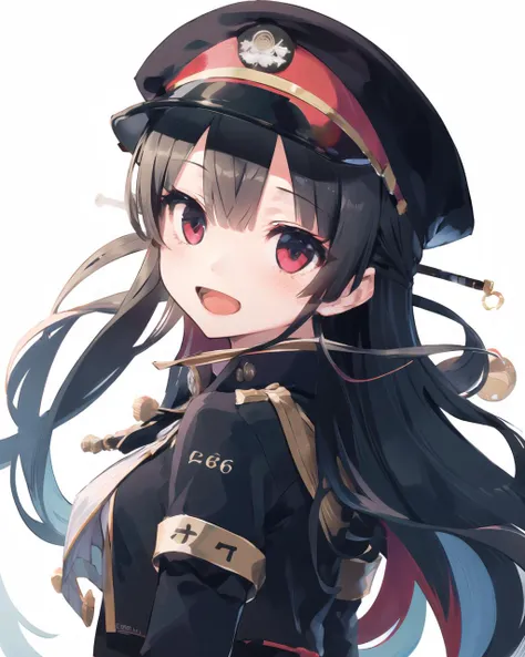 masterpiece,best quality,solo,1girl,
8620 \(uniform\), hat,long hair,black jacket,
smile,looking at viewer,open mouth,
looking back,
Medium shot,
(simple background,white background),
<lora:86_locon_5.5-000009:1>